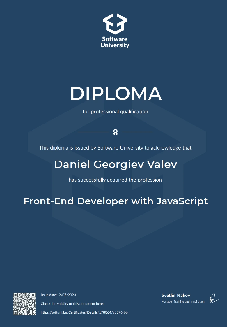 Front-End Developer with JavaScript diploma issued to Daniel Georgiev Valev by Software University