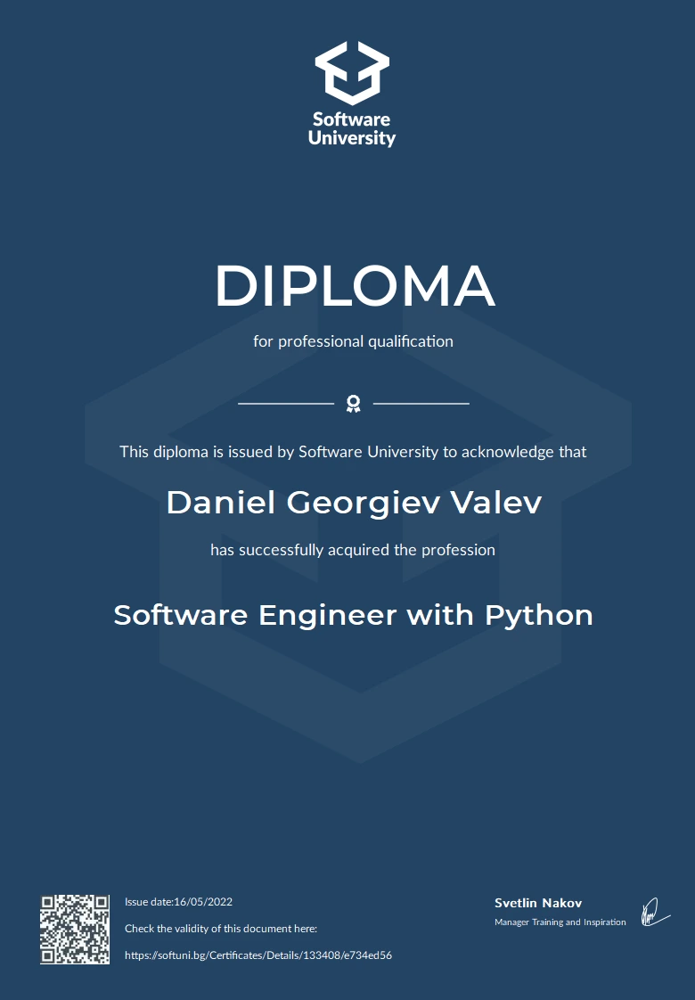 Software Engineer with Python diploma issued to Daniel Georgiev Valev by Software University